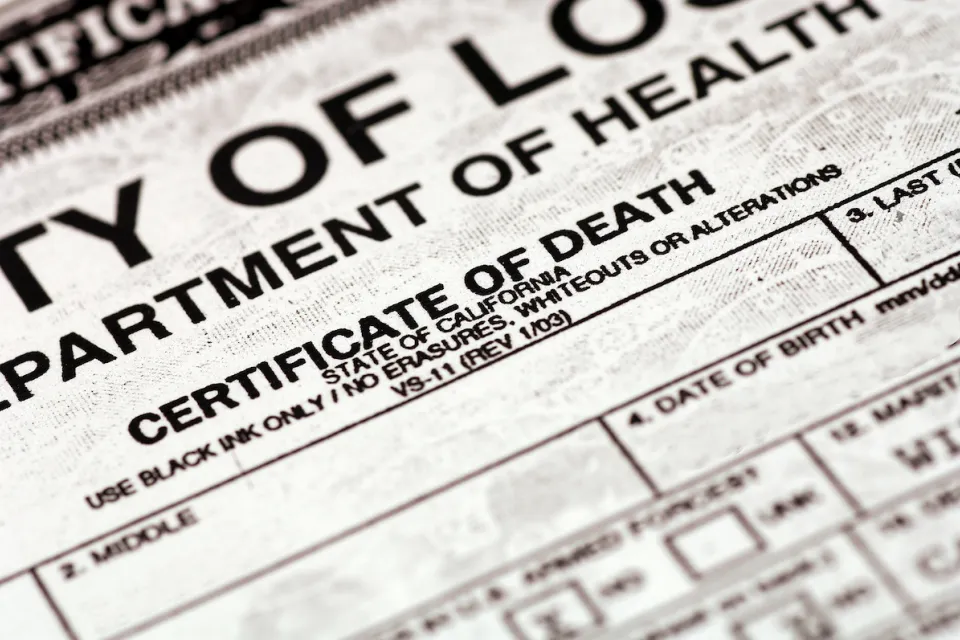 Close-up of title of death certificate for state of California.